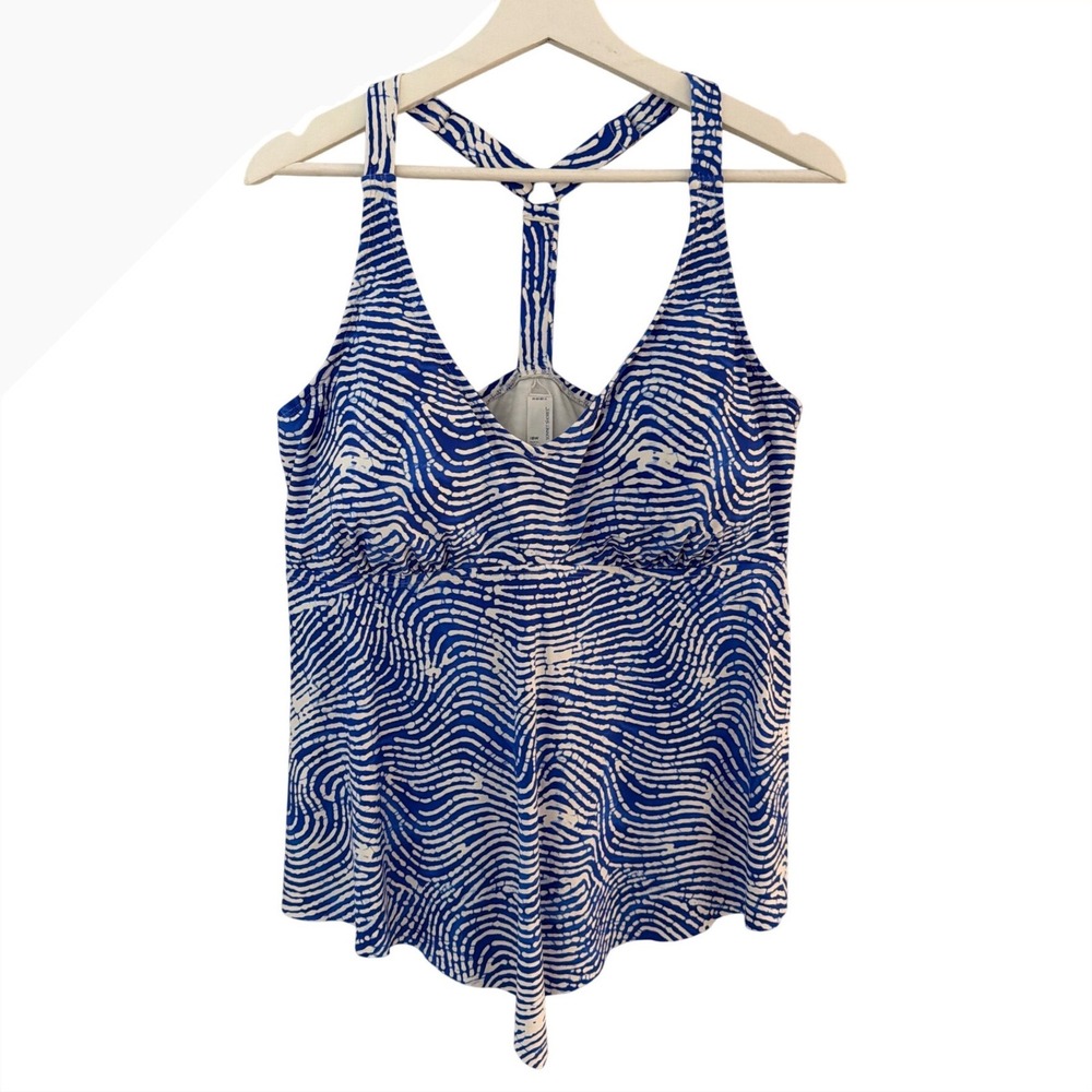 Sonnet Shores Women 18W Blue White Wave Print Racerback Tankini Swim Top